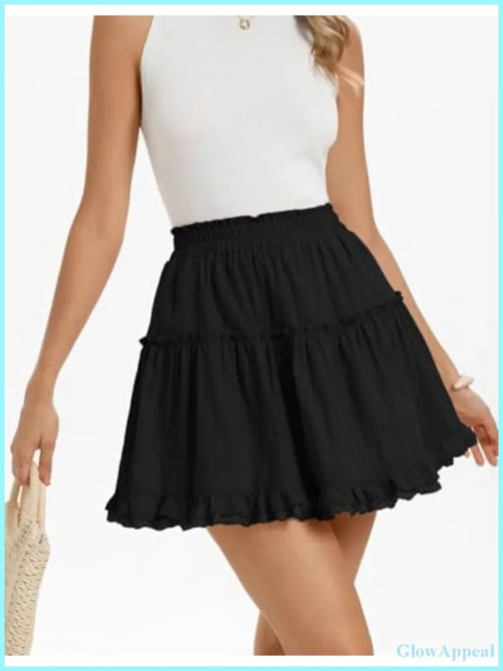 Women Cotton Mini Skort with Ruffle Trim and Lace Underlay, High Waist A-Line